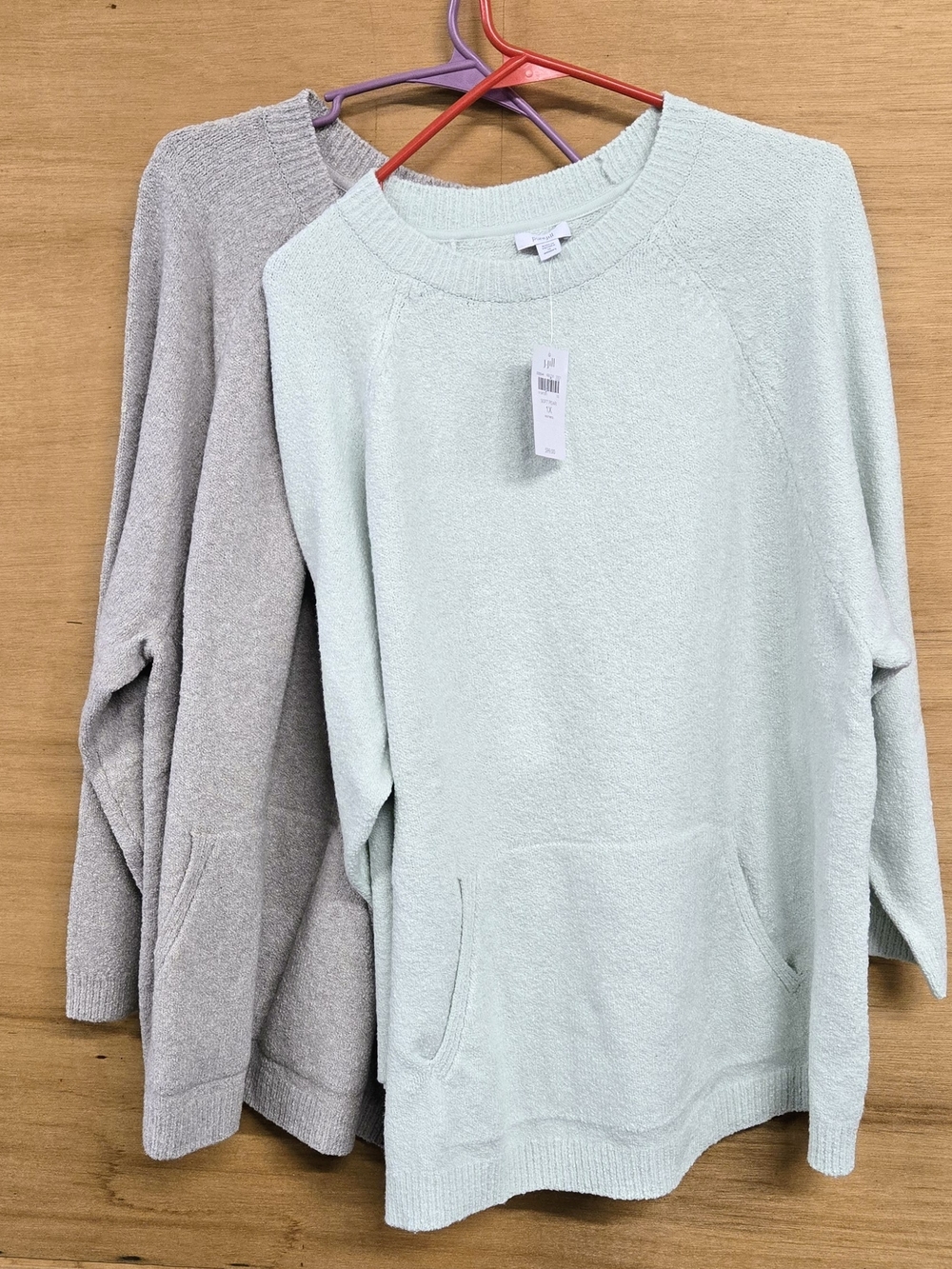 (2)Wool Blend Scoopneck Pocket Sweater in Soft Pear and Taupe